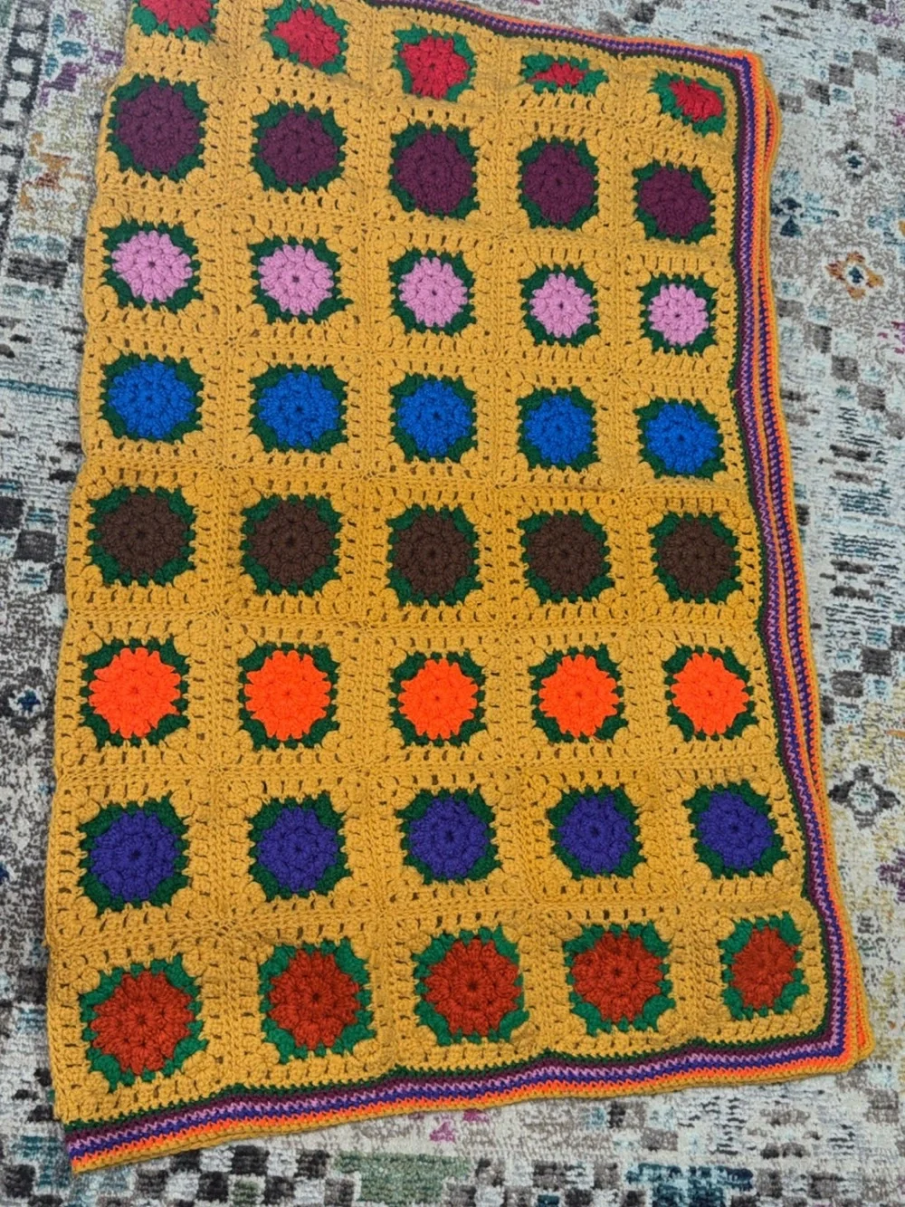 Handmade Mustard Yellow Crochet Granny Square Throw Blanket